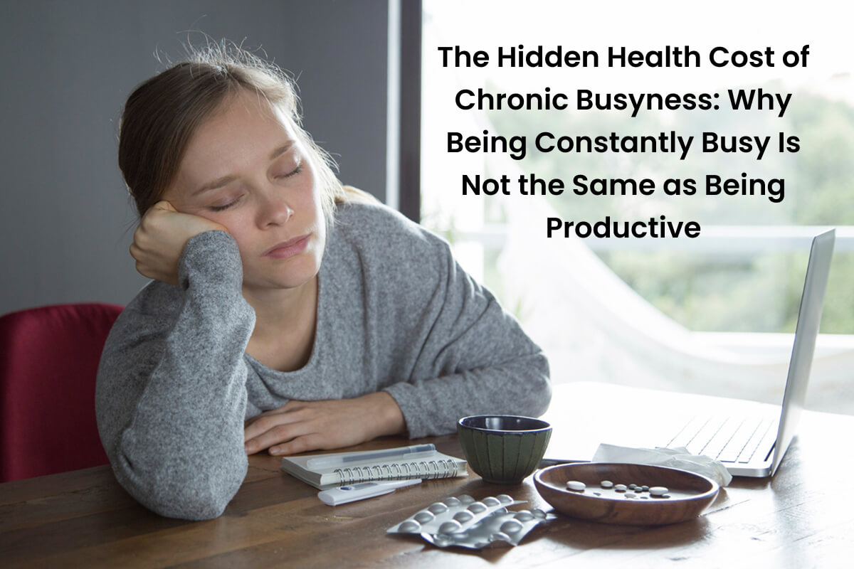 Professional overwhelmed by constant busyness and digital demands affecting health and well-being